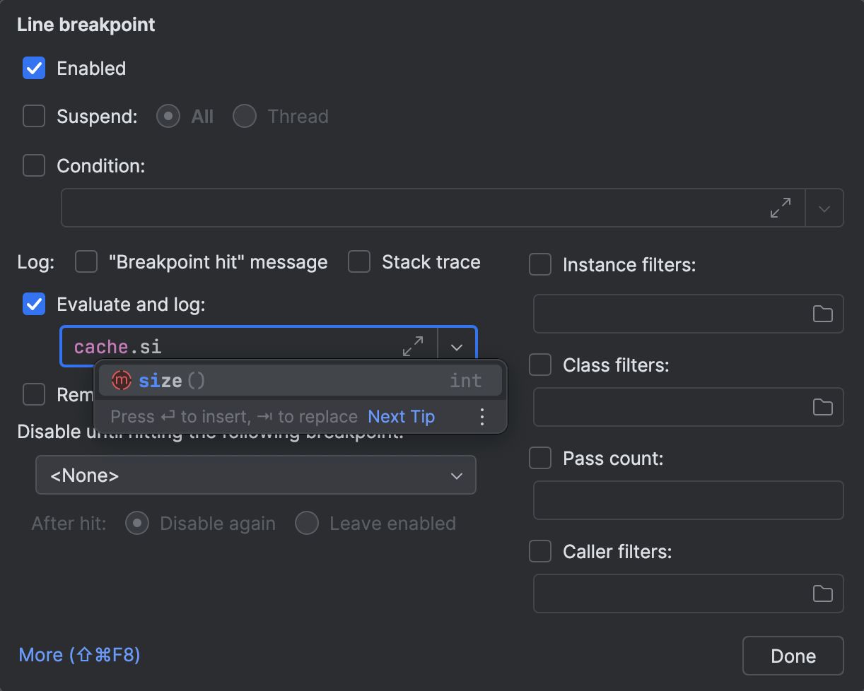 La ventana de diálogo de configuración de puntos de interrupción con una expresión personalizada en el campo 'Evaluate and log', y la casilla de verificación 'Suspend' desmarcada