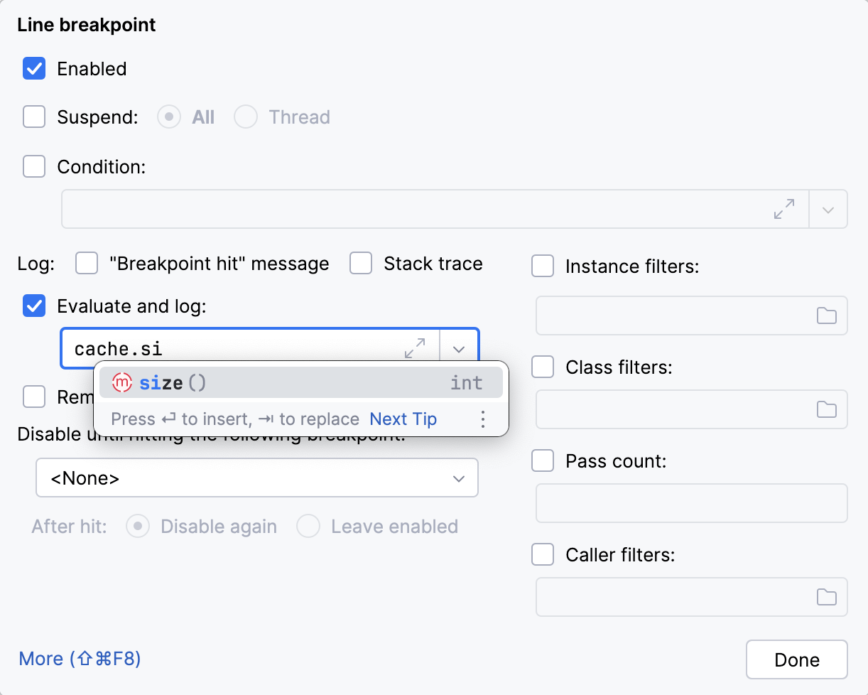 Breakpoint settings dialog with a custom expression in the 'Evaluate and log' field, and 'Suspend' checkbox cleared