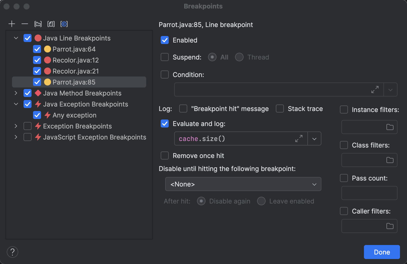 O diálogo 'Breakpoints' mostra todos os pontos de interrupção dentro do projeto agrupados por tipo