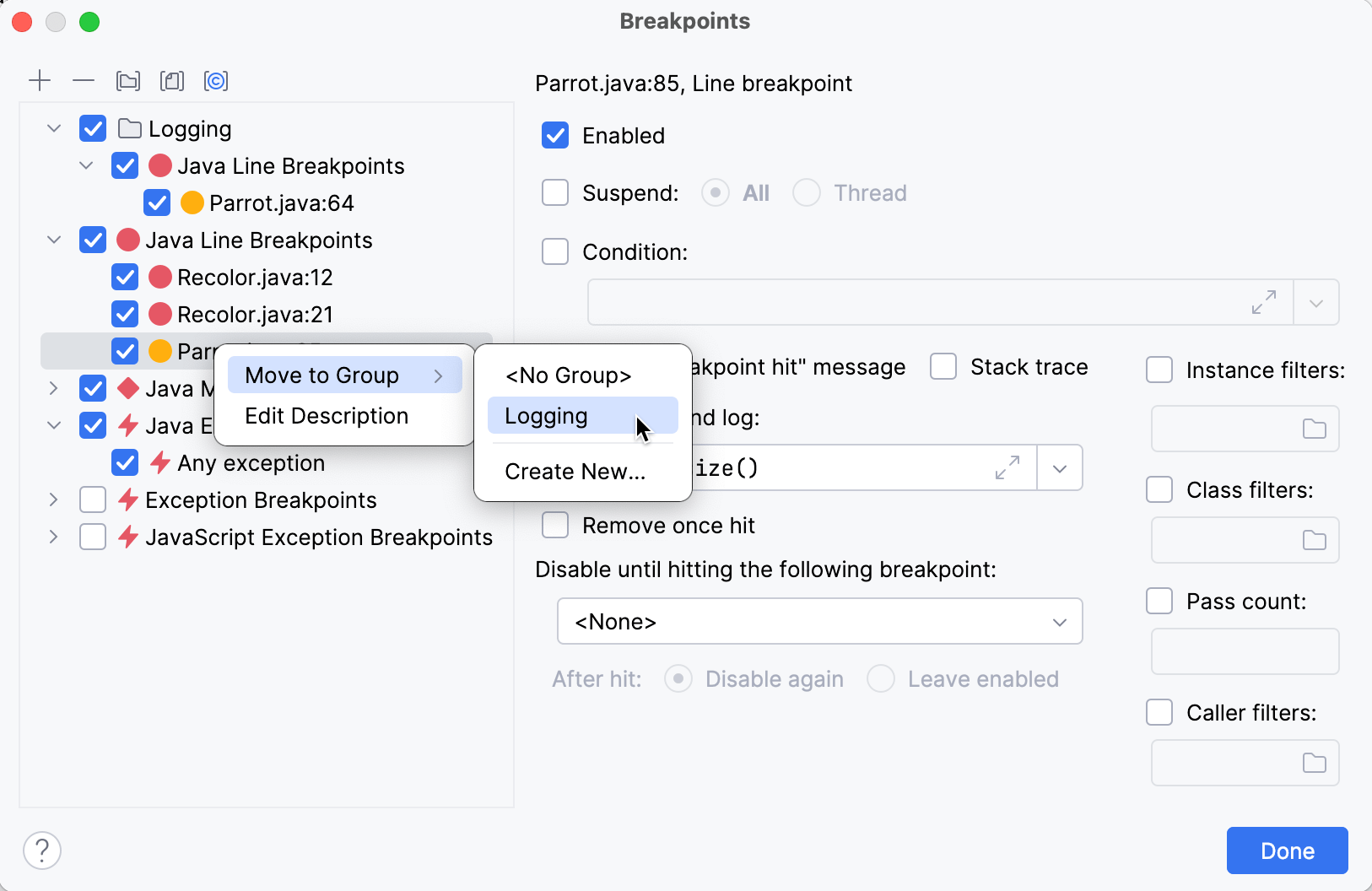 Right-clicking a breakpoint in the 'Breakpoints' dialog shows a context menu with the 'Move to group' option