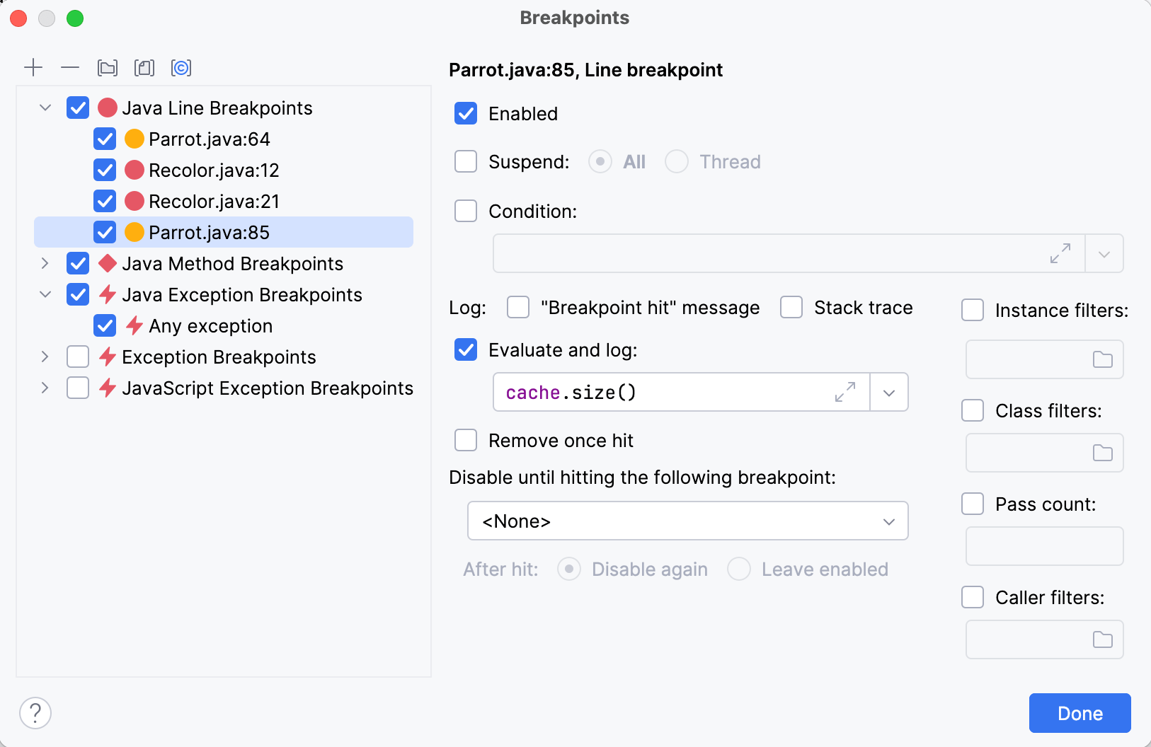 O diálogo 'Breakpoints' mostra todos os pontos de interrupção dentro do projeto agrupados por tipo