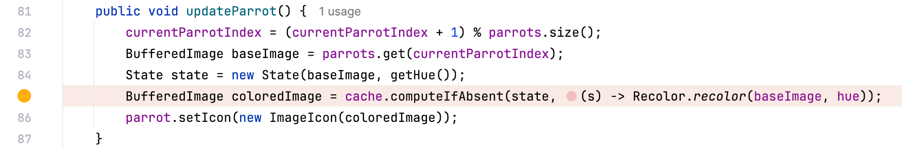 Logging breakpoint shown as a yellow circle in the editor gutter