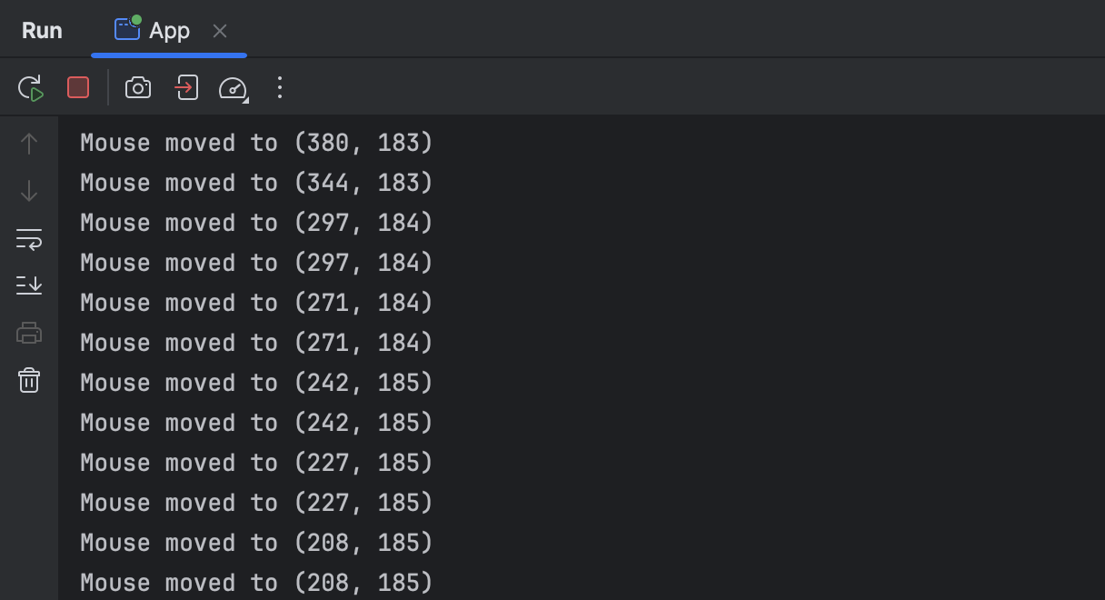 Consola con muchos mensajes similares, como 'Mouse moved to 380, 183'