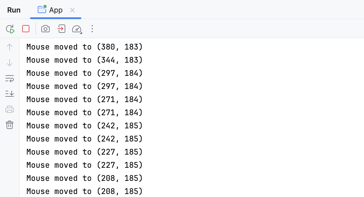 Consola con muchos mensajes similares, como 'Mouse moved to 380, 183'