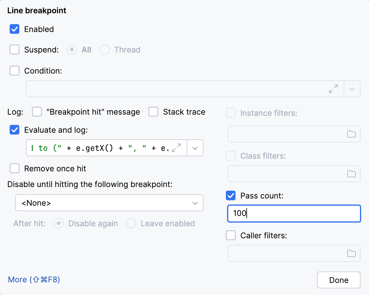 Cuadro de diálogo de configuración de puntos de interrupción con el campo 'Pass count' establecido en 100