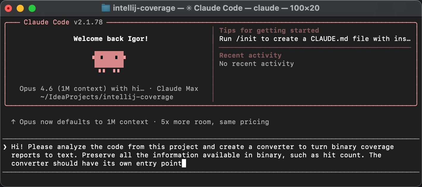 AI agent prompt asking to add a text coverage reporter to the IntelliJ coverage project