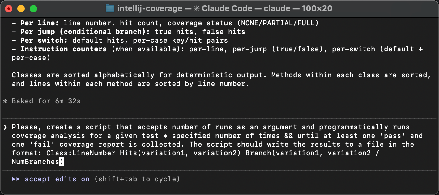 AI agent prompt asking to create a script that runs tests with coverage and diffs the reports