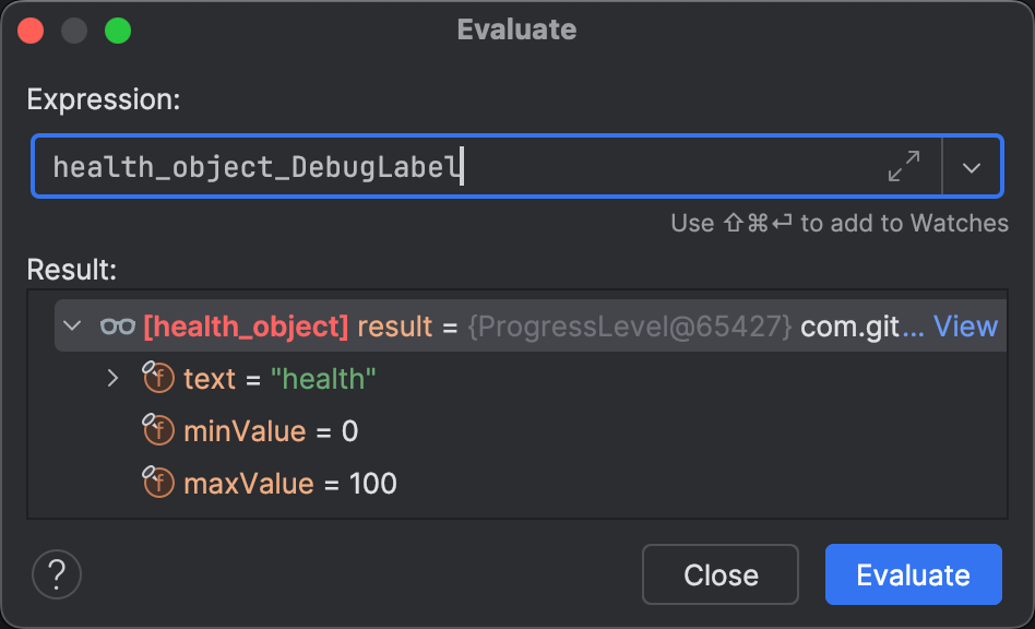 Evaluate dialog with debug label entered as the expression