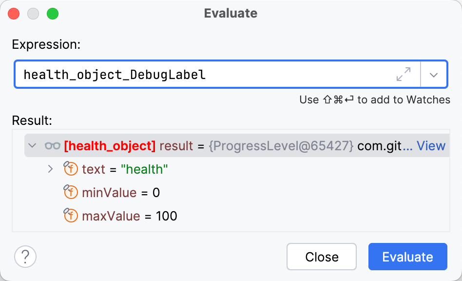 Evaluate dialog with debug label entered as the expression
