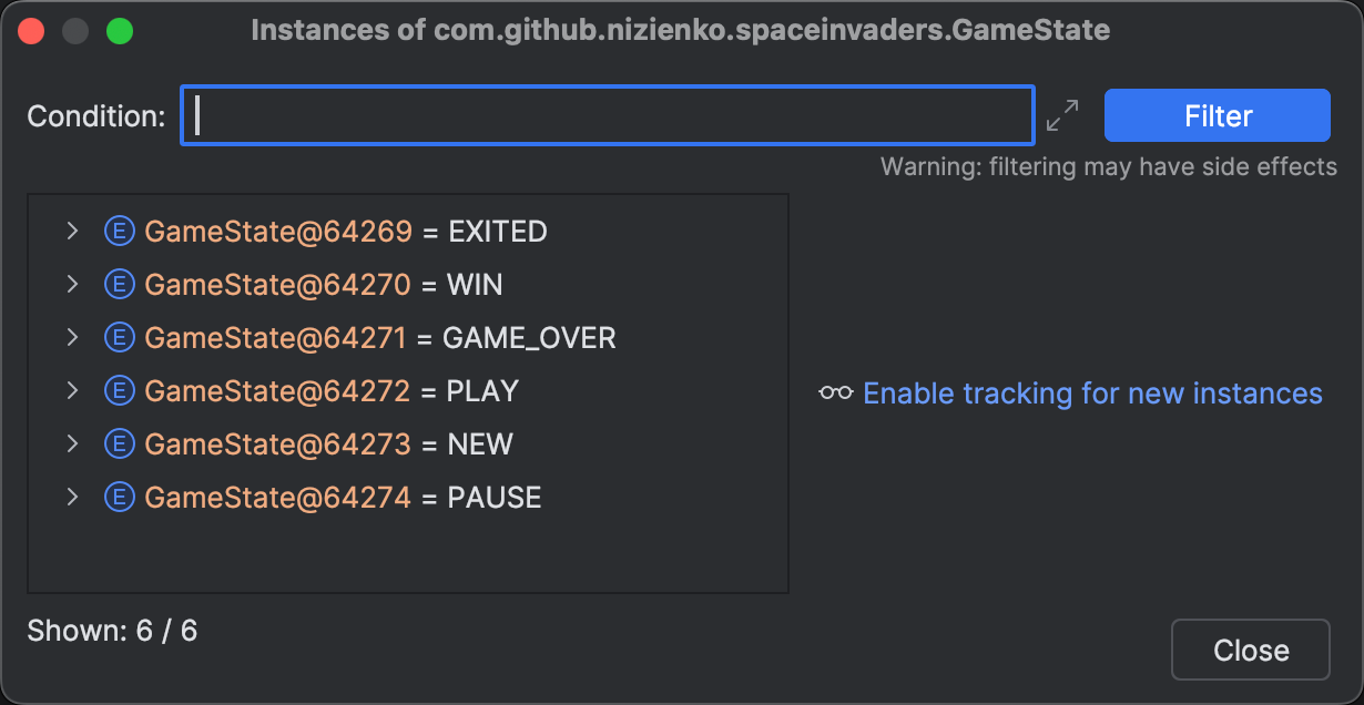 A dialog opens showing live GameState instances
