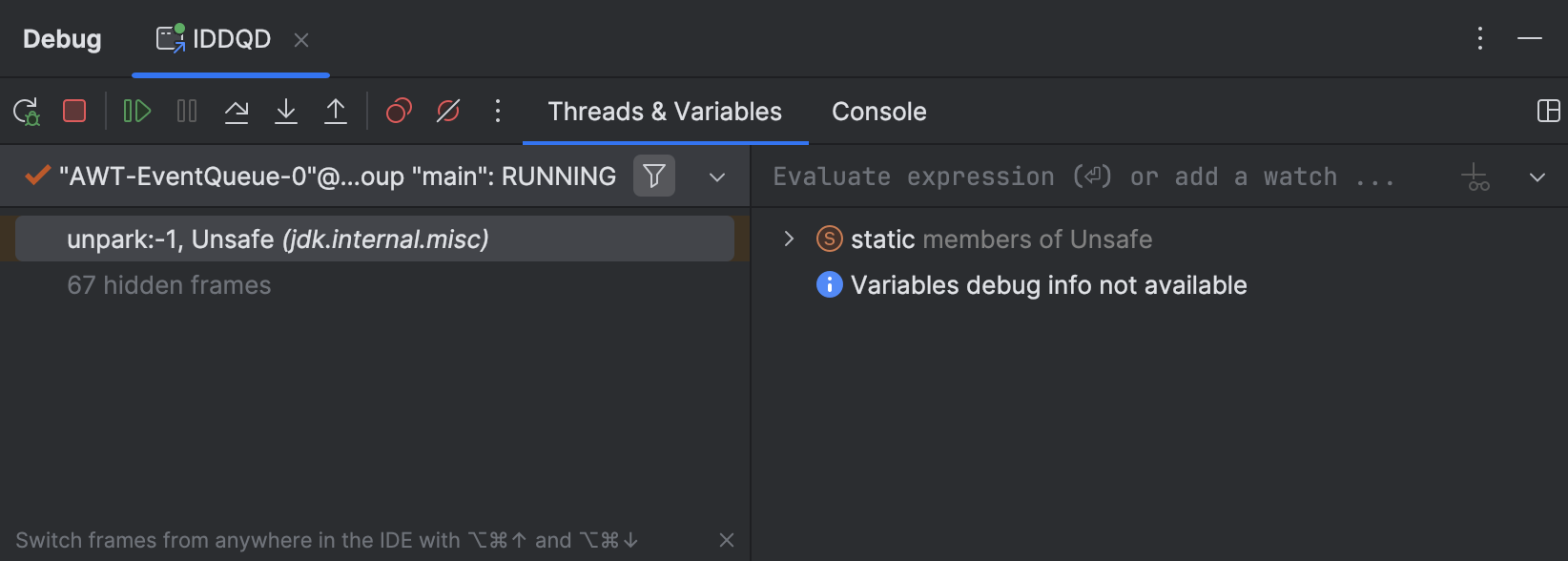 La ventana de herramientas Debug para la instancia suspendida de Space Invaders