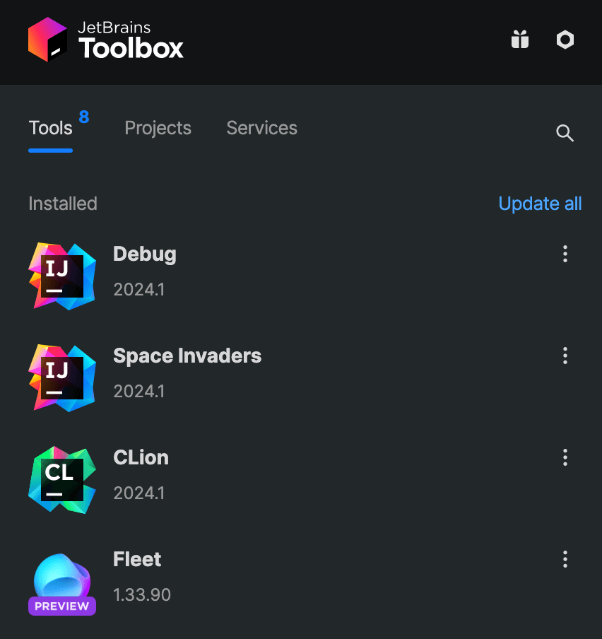 JetBrains Toolbox mostra várias IDEs da JetBrains, incluindo duas instâncias do IntelliJ IDEA chamadas Space Invaders e Debug