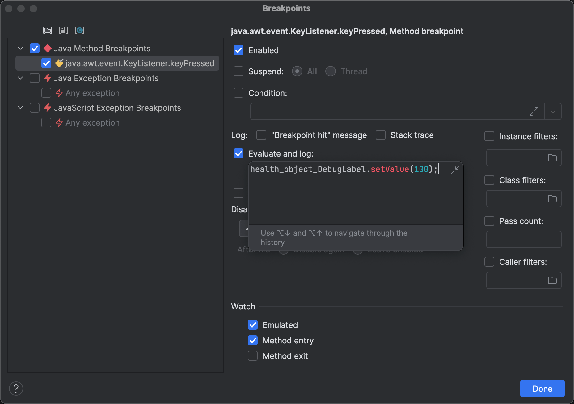 Breakpoints dialog showing a logging breakpoint for java.awt.event.KeyListener::keyPressed