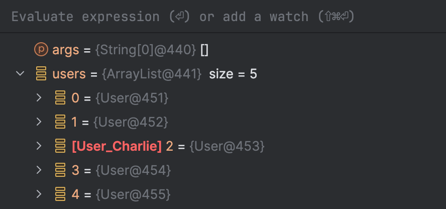 Variables tab showing an array of User objects, with one of them marked with a debug label saying User_Charlie