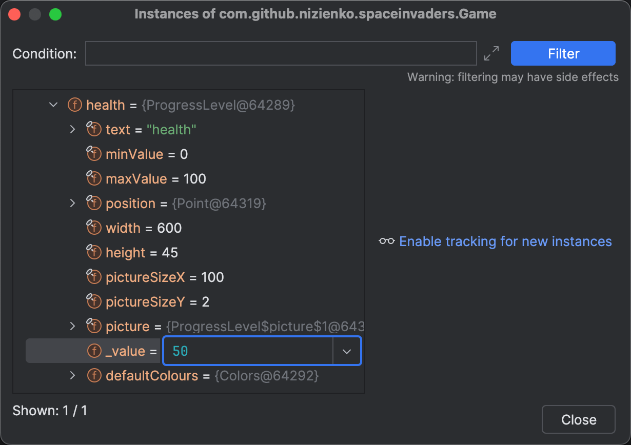 Memory view with a text field against the 'health' field containing the user-entered value of 50