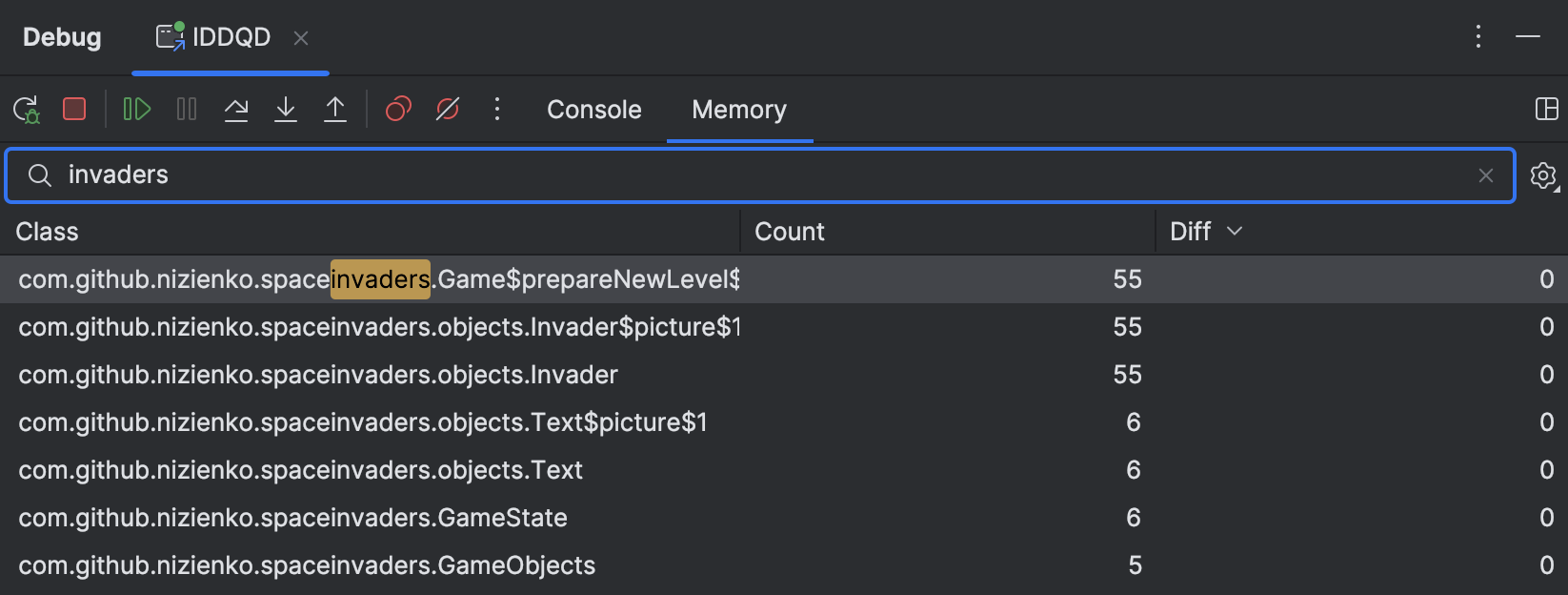 Typing 'invaders' in the Memory view's search field shows objects of classes that belong to the 'spaceinvaders' package
