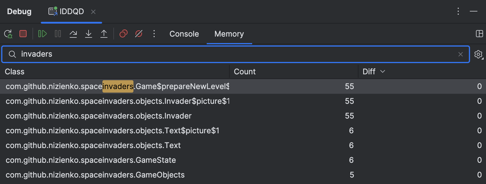 Digitar 'invaders' no campo de pesquisa da visualização Memória mostra objetos de classes que pertencem ao pacote 'spaceinvaders'