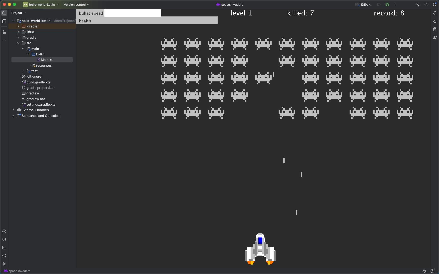 Space Invaders no editor do IntelliJ IDEA