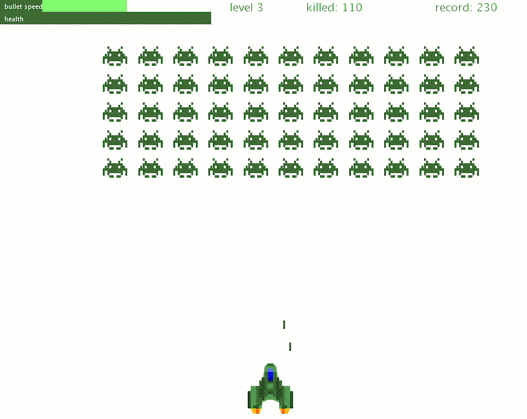Jugando a Space Invaders en IntelliJ IDEA: cada vez que la nave espacial recibe un golpe, su barra de salud se llena automáticamente