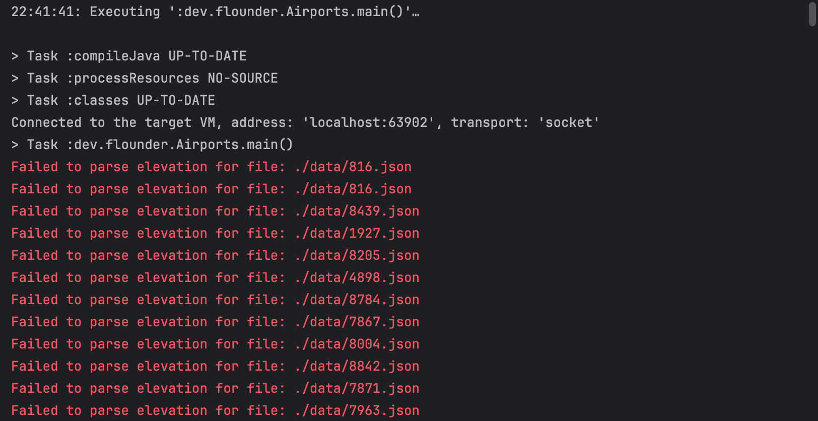 The console shows the application output along with the list of errors