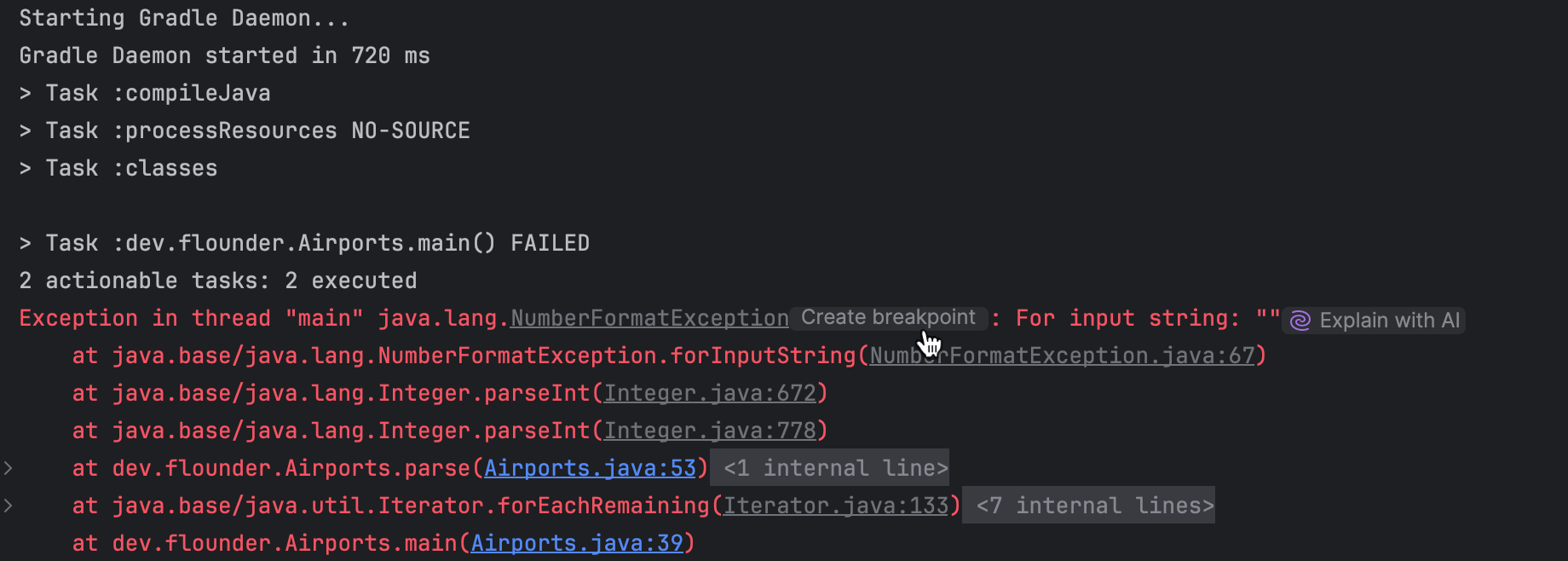 El botón 'Create breakpoint' se muestra cerca de la traza de pila en la consola