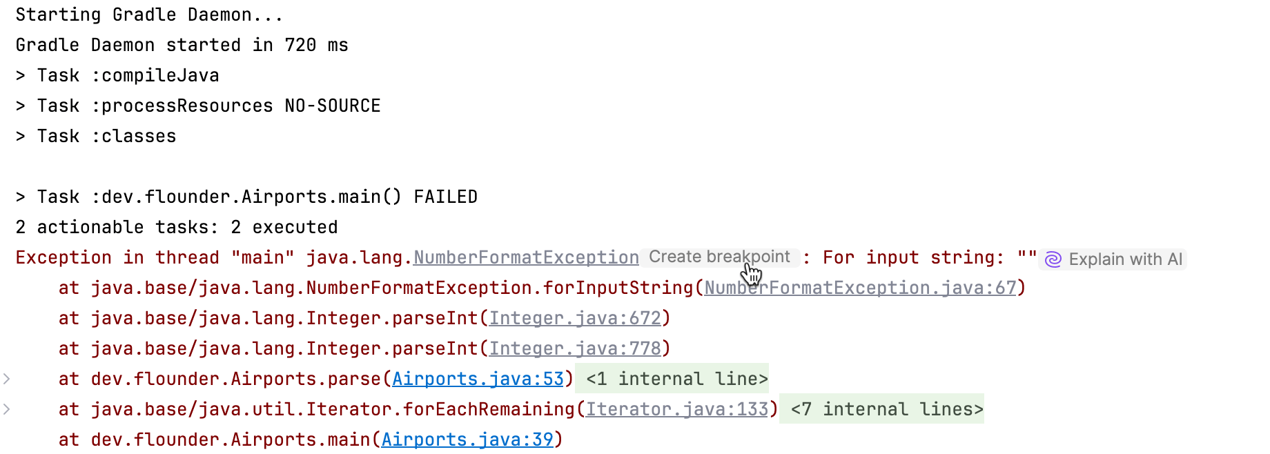 El botón 'Create breakpoint' se muestra cerca de la traza de pila en la consola