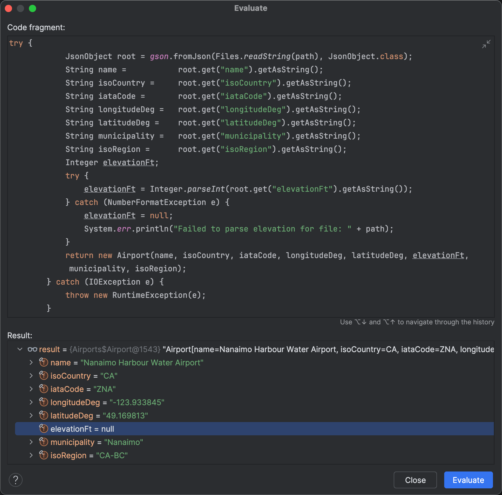 After clicking 'Evaluate' for the corrected code, the result shows a valid return value