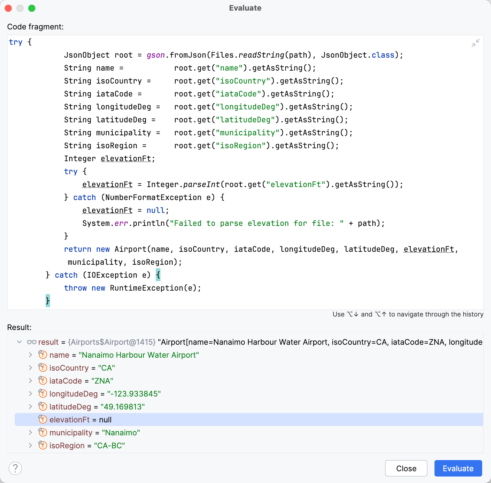 After clicking 'Evaluate' for the corrected code, the result shows a valid return value