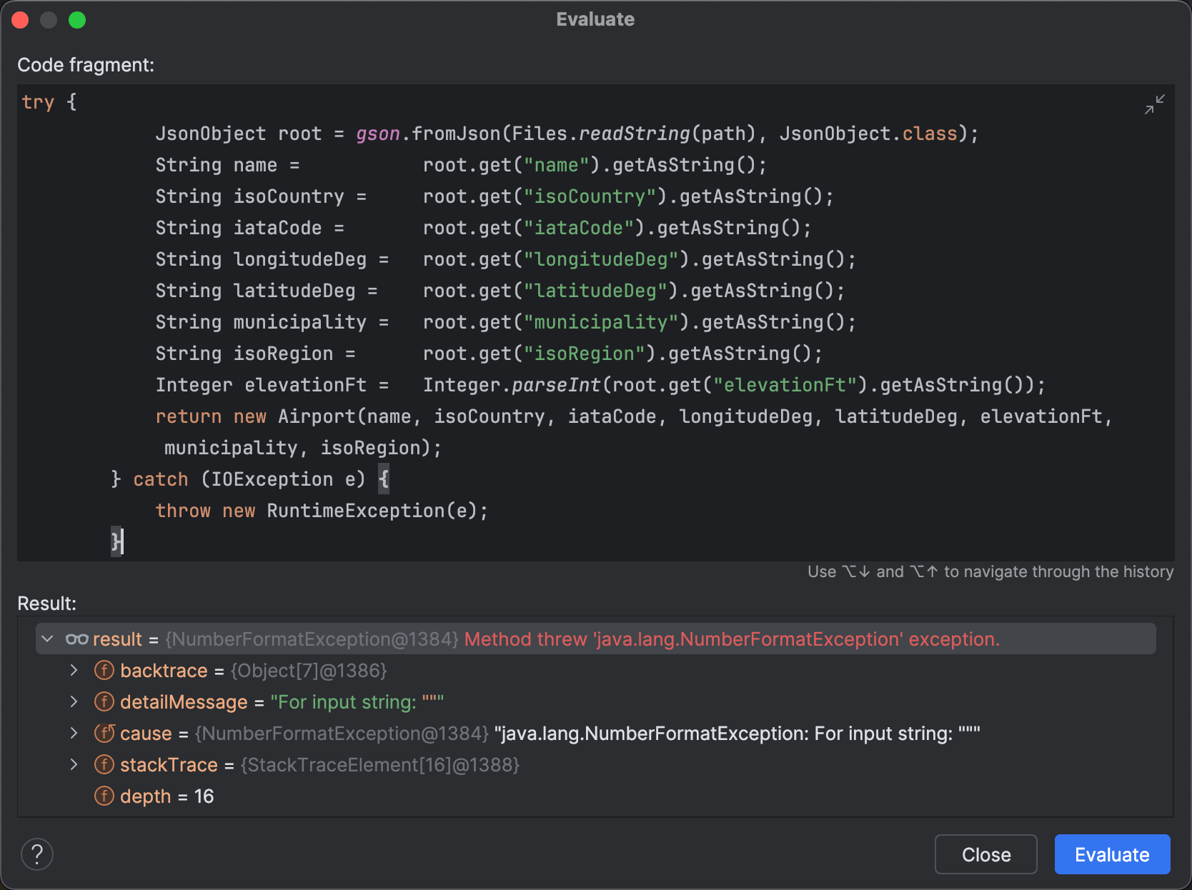 Evaluating the same failing code in the 'Evaluate' dialog results also results in NumberFormatException