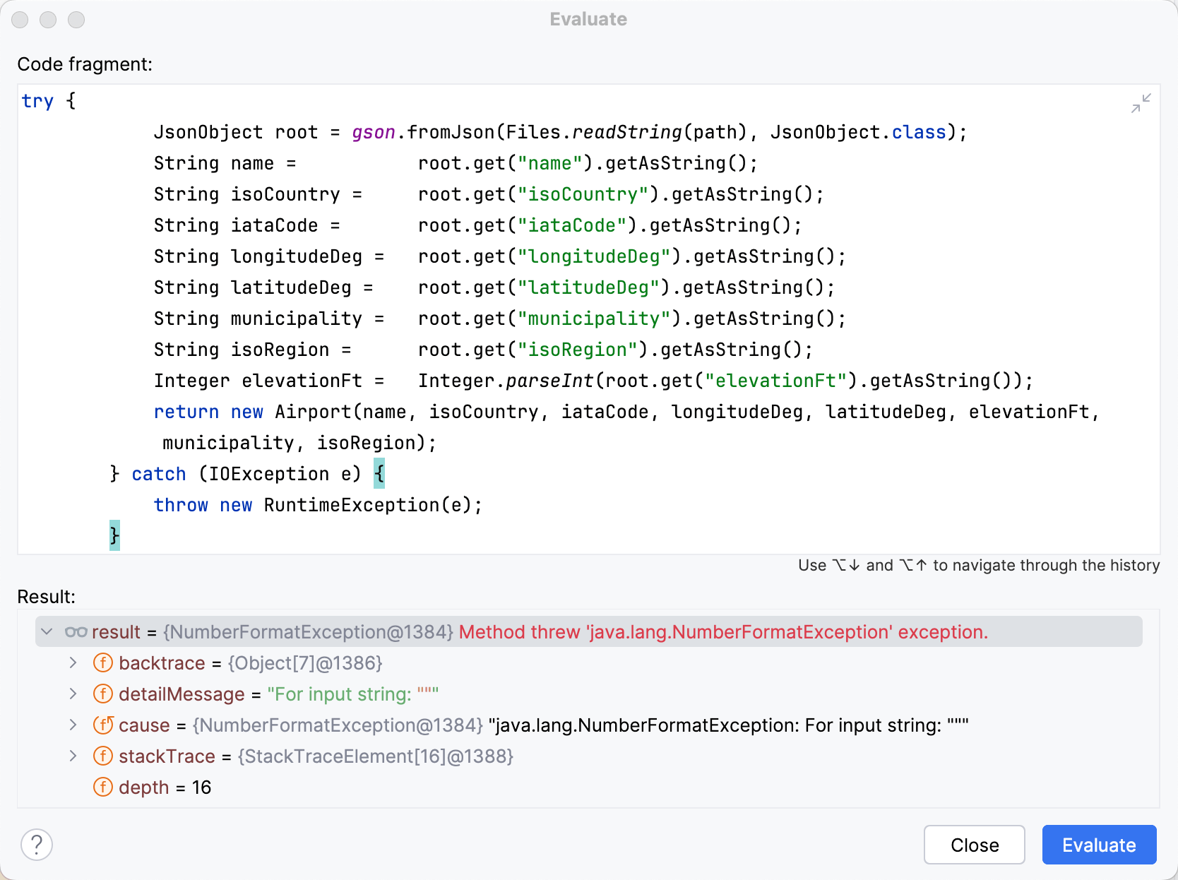 '평가하기'를 클릭한 후에도 같은 실패 코드를 평가하면 NumberFormatException이 결과로 나옵니다.