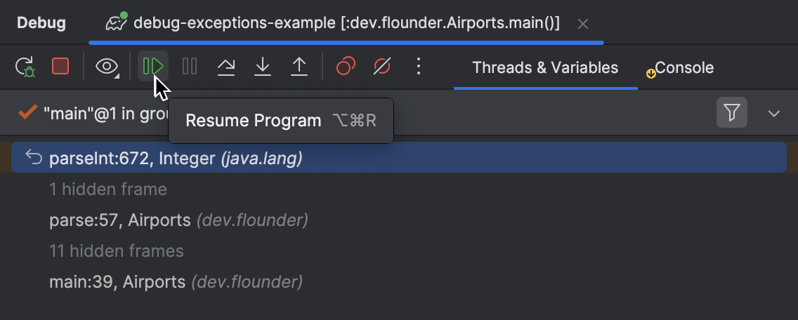 Pointing at the 'Resume Program' button in the debugger's toolbar