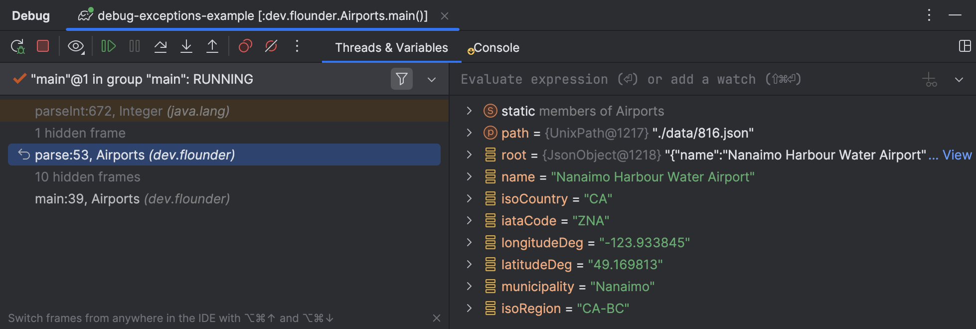 Selecting the 'parse()' frame in the debugger's 'Threads' tab