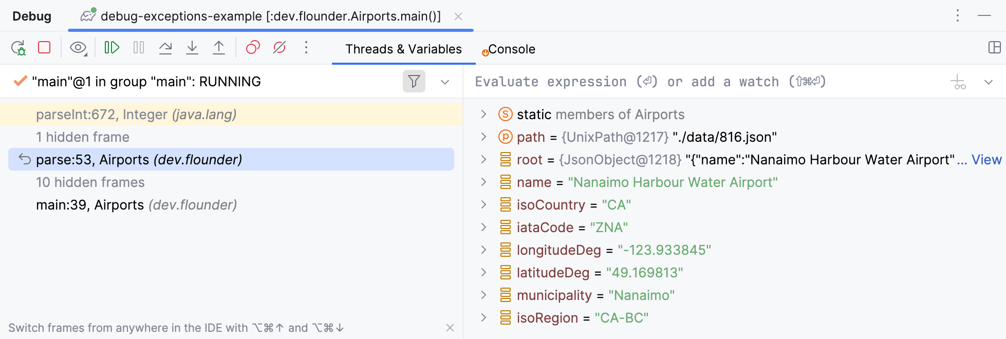 Selecting the 'parse()' frame in the debugger's 'Threads' tab