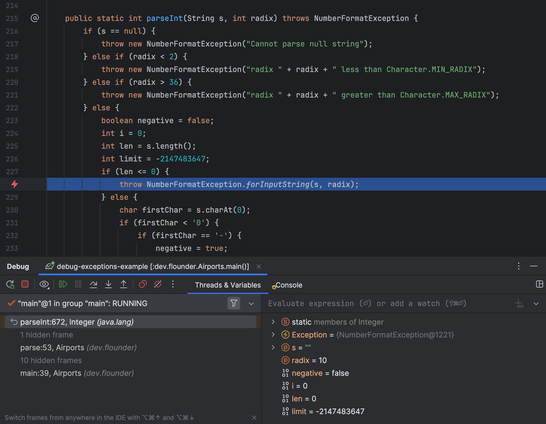 A highlighted line indicates that the breakpoint worked and the program has been suspended