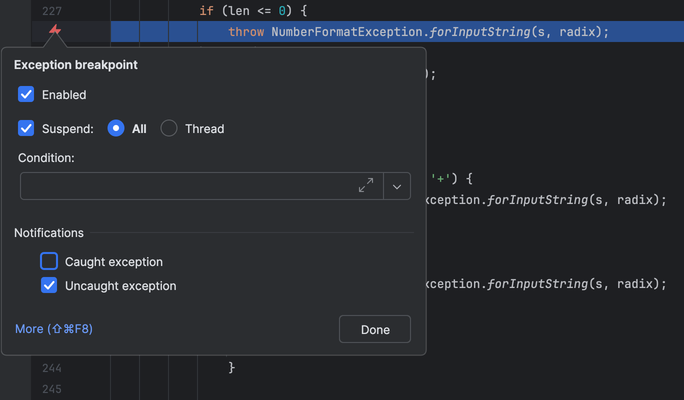 Caixa 'Caught Exception' desmarcada no diálogo 'Exception breakpoint' que abriu ao clicar no ícone de breakpoint na calha