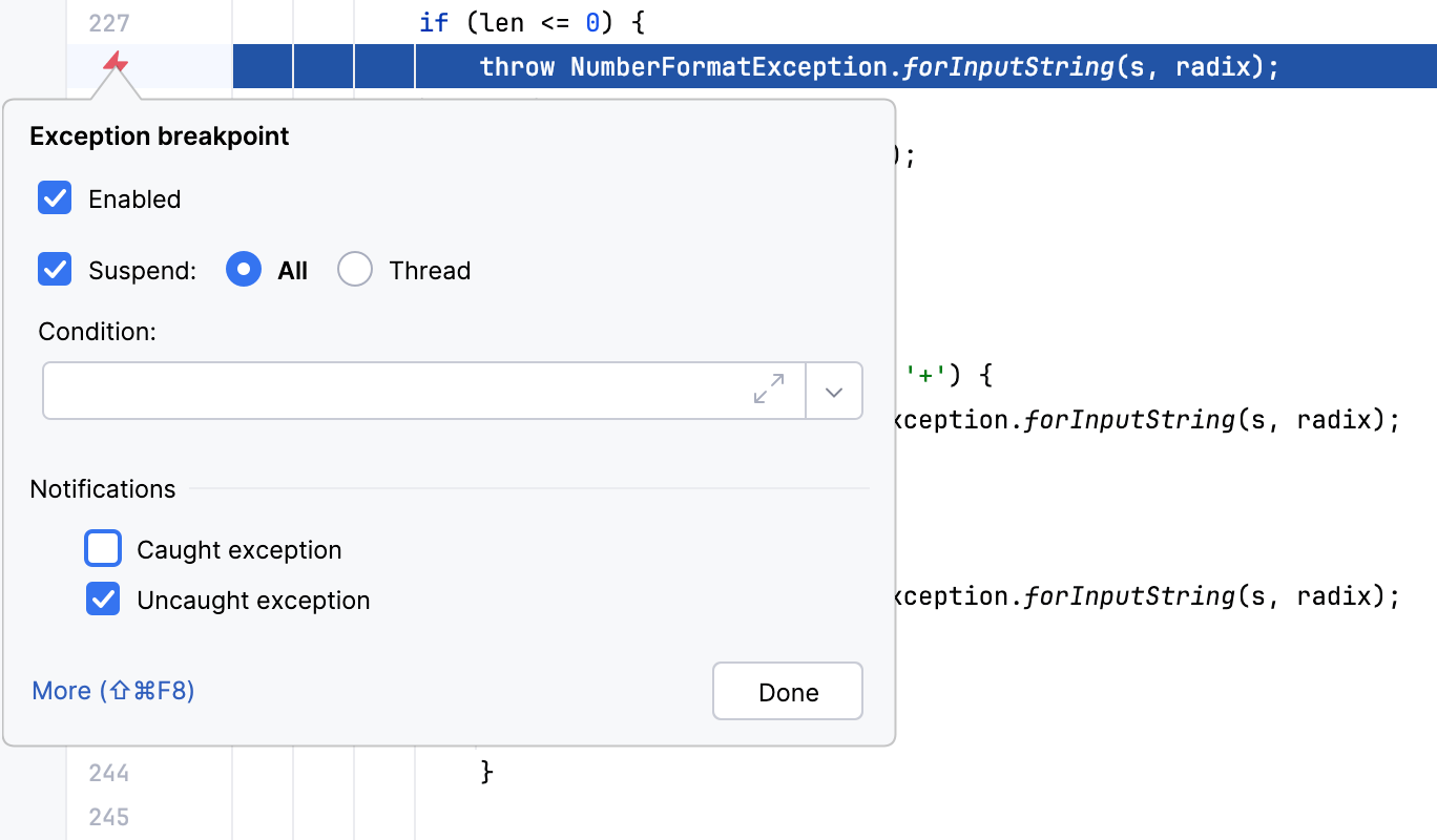 'Exception breakpoint' 对话框中 '已捕获的异常' 未选中的复选框，该对话框在点击字形边缘的断点图标时打开