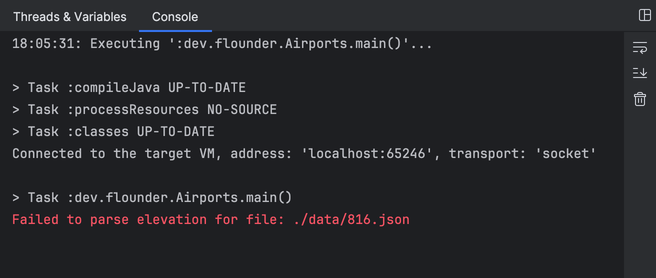 The console says 'Failed to parse elevation for file: ./data/816.json'