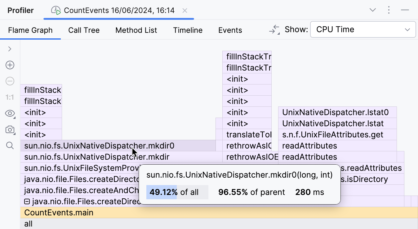 Expanding a node in the flame graph shows additional library nodes that were folded