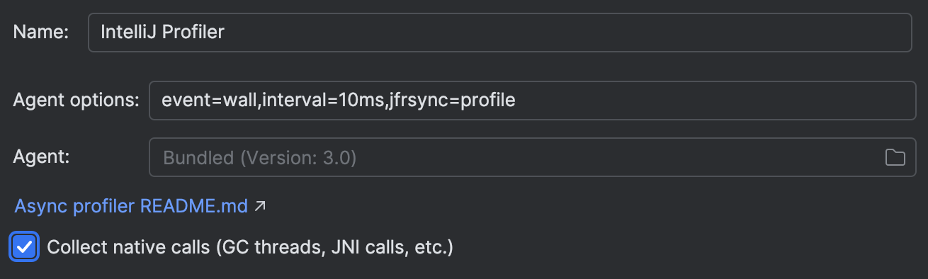 A janela de diálogo das configurações de criação de perfil do IntelliJ IDEA