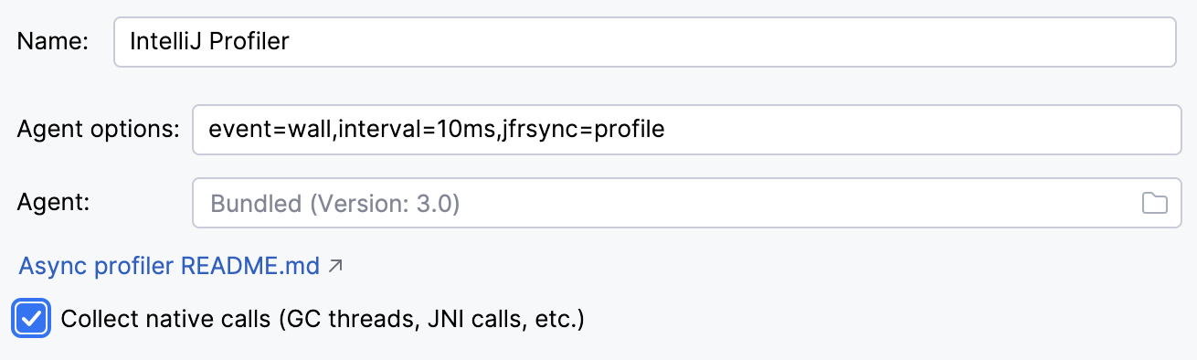 Cuadro de diálogo de configuración de perfilado de IntelliJ IDEA