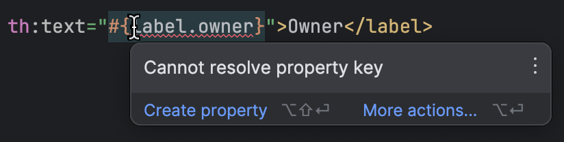 IntelliJ IDEA mostra um aviso no template que faz referência a uma chave de propriedade ausente