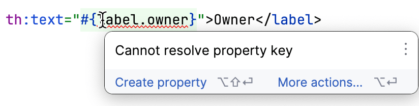 IntelliJ IDEA mostra um aviso no template que faz referência a uma chave de propriedade ausente