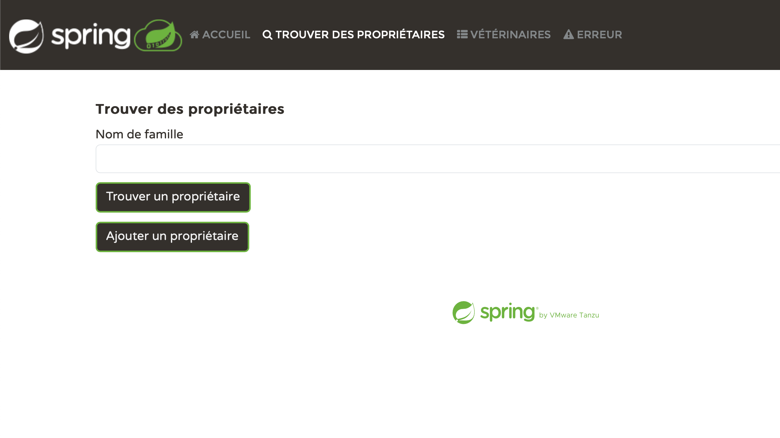Spring Petclinic Find Owners page in French