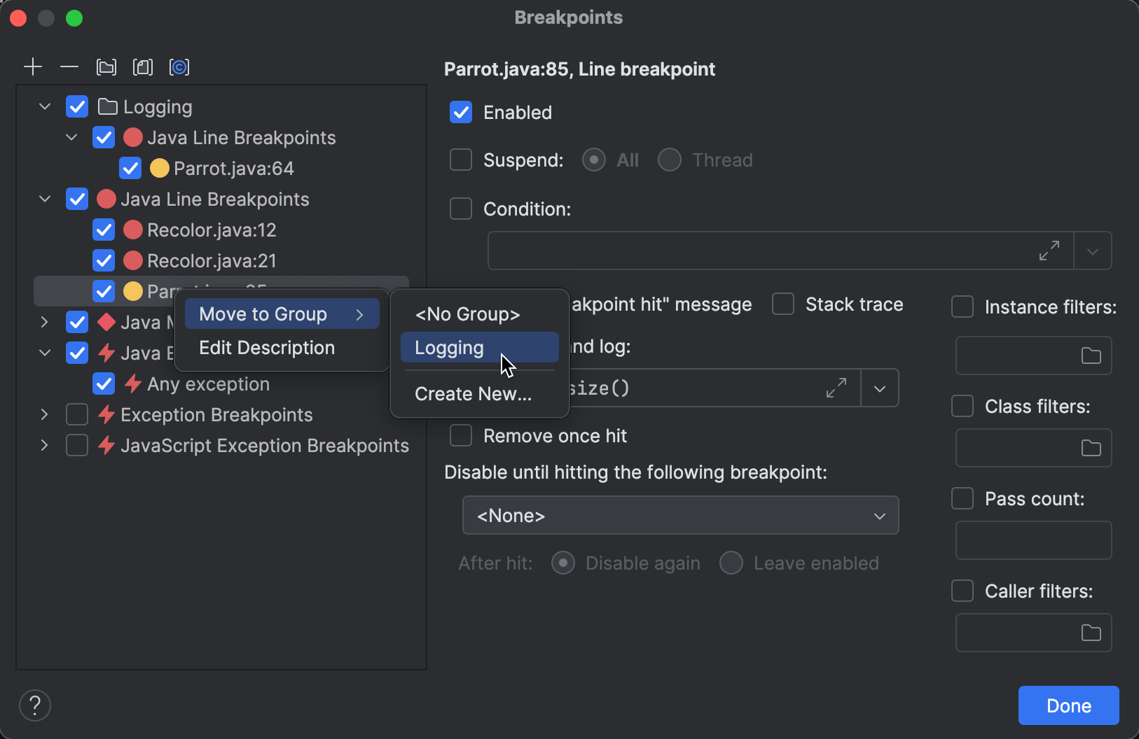 Right-clicking a breakpoint in the 'Breakpoints' dialog shows a context menu with the 'Move to group' option