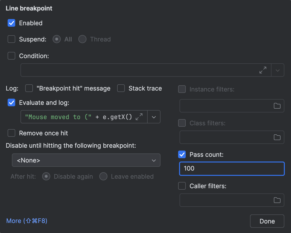 Breakpoint settings dialog with 'Pass count' field set to 100