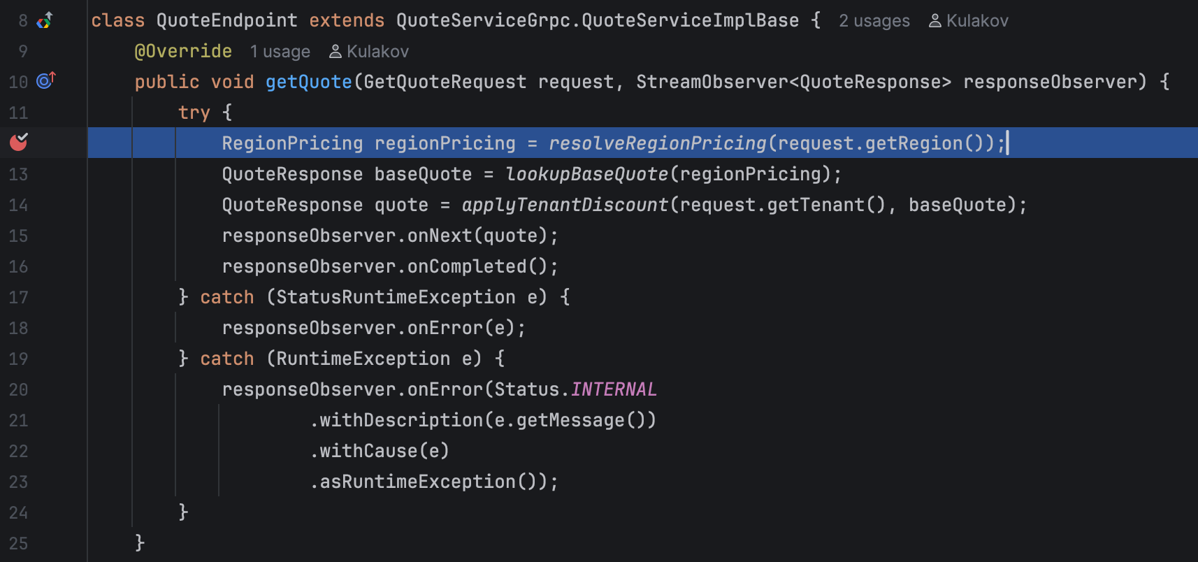 IntelliJ IDEA debugger paused at a breakpoint in the getQuote method of GrpcQuoteServer.java