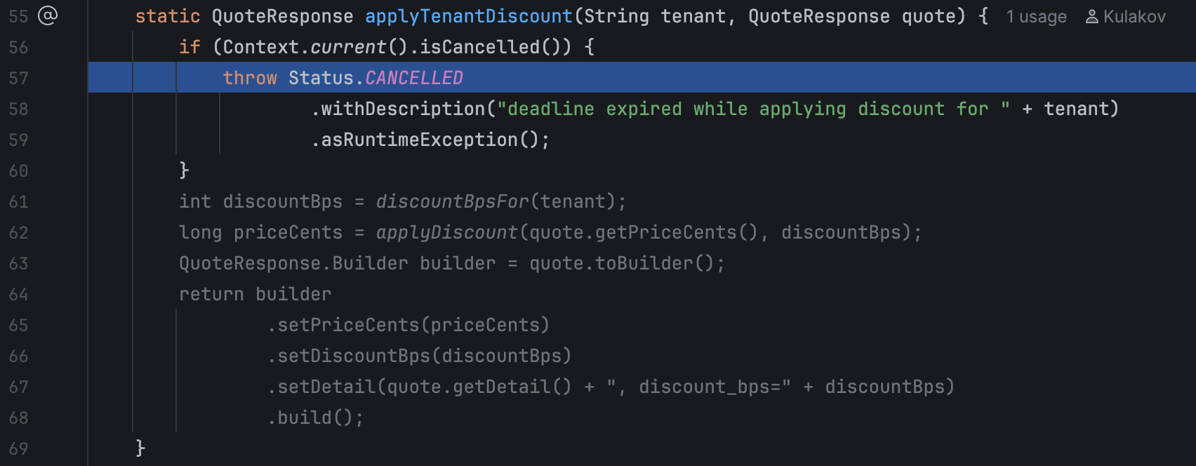 IntelliJ IDEA debugger paused on a Status.CANCELLED exception while the remaining discount calculation code is greyed out