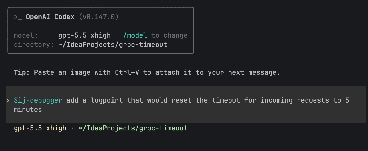 OpenAI Codex terminal showing a prompt to add a logpoint that resets incoming request timeouts to five minutes