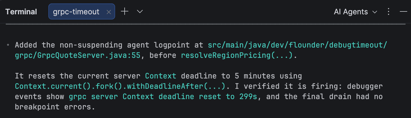 IntelliJ IDEA AI Agents terminal showing a non-suspending logpoint added to GrpcQuoteServer.java