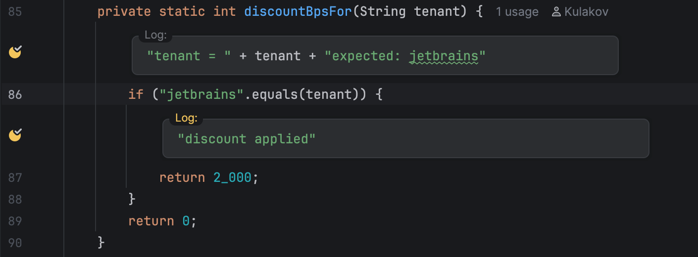 IntelliJ IDEA editor showing logpoints inside the discountBpsFor method